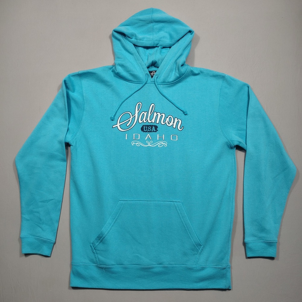 J America Hoodie Womens L Salmon Idaho Graphic Pullover Turquoise Blue 0971